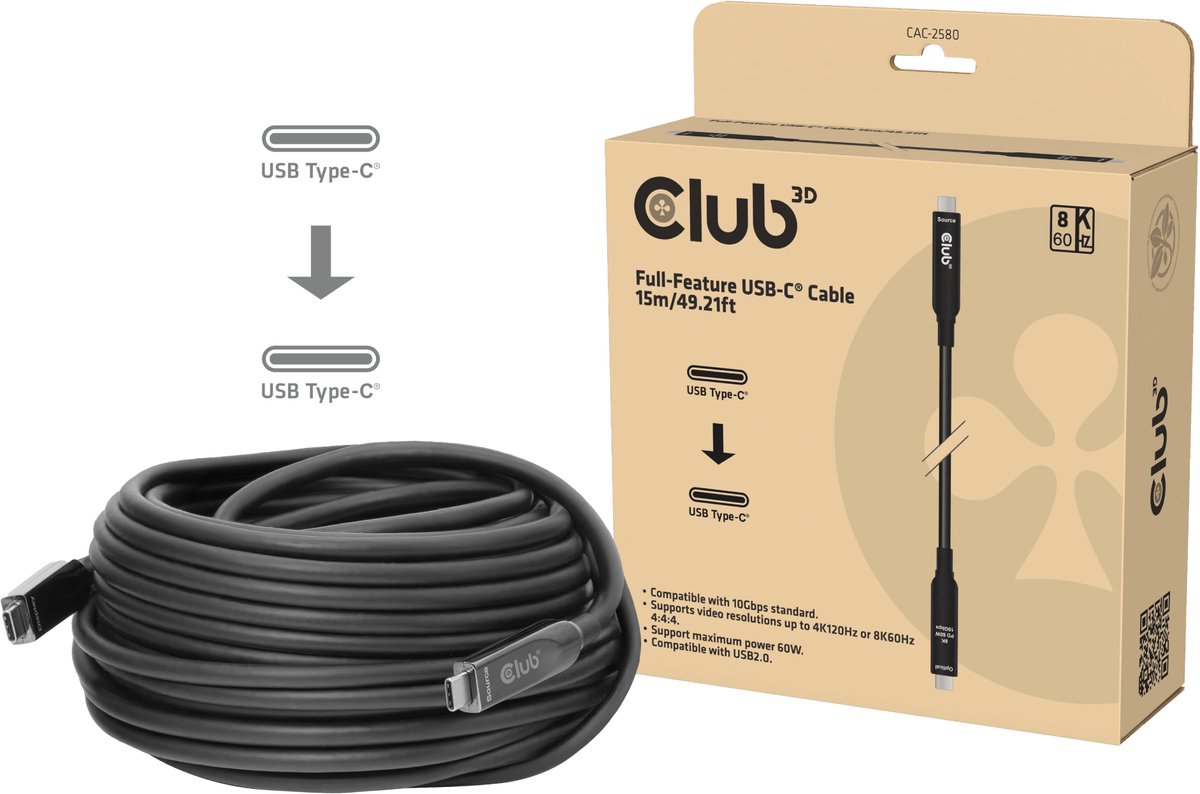 club3D USB-C kabel   USB-C® stik 15 m Sort  CAC-2580
