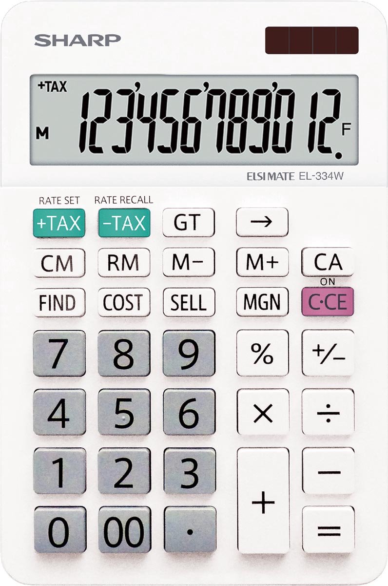 Sharp EL-334W Bordlommeregner Hvid Display (indstil): 12 Batteridrevet, solcelle-drift (B x H x T) 112 x 170 x 14 mm