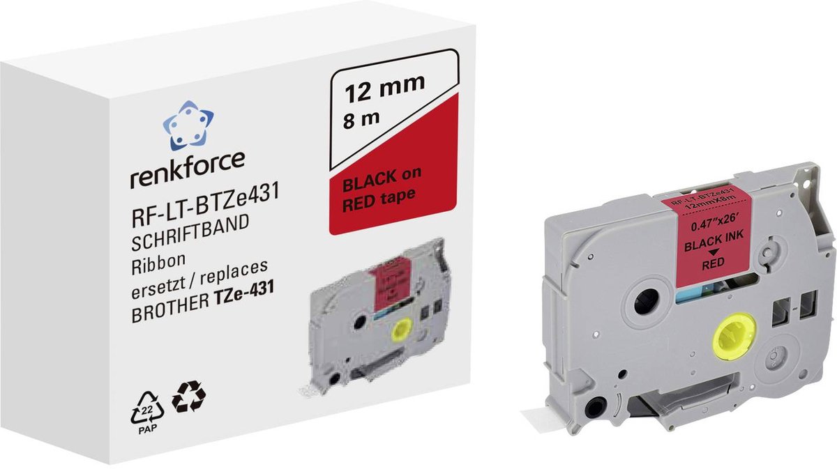 Renkforce RF-LT-BTZe431 Kompatibel erstatter Brother TZe-431 12 mm Båndfarve: Rød Skriftfarve: Sort 8 m