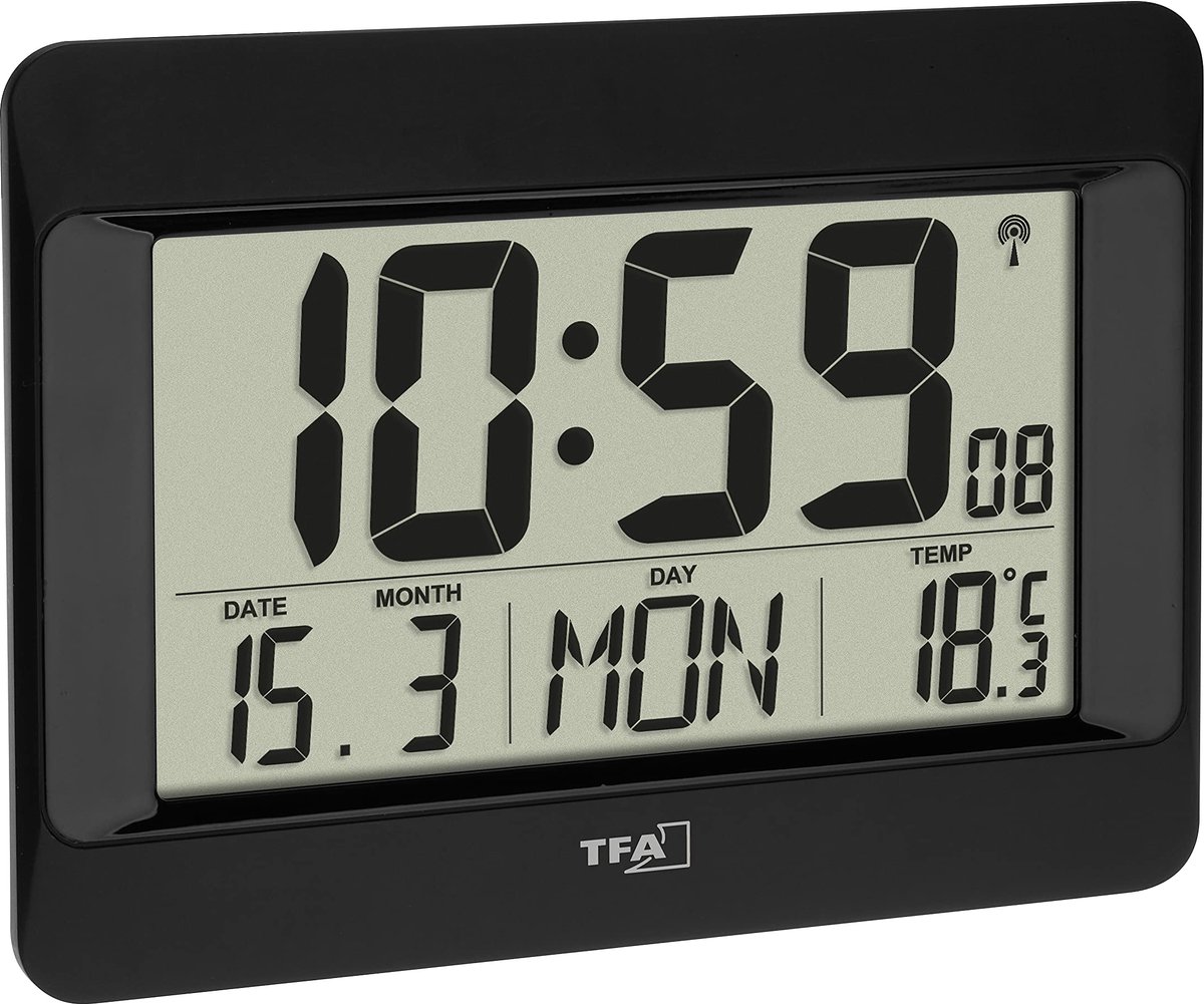 TFA Dostmann 60.4519.01 Radio Vægur 21.5 cm x 2.6 cm x 16 cm Sort Stort display