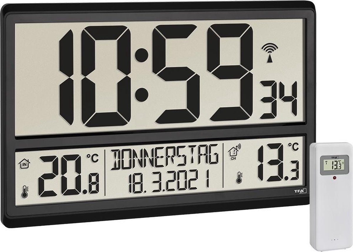 TFA Dostmann 60.4521.01 Radio Vægur 36 cm x 2.8 cm x 23.5 cm Sort Stort display