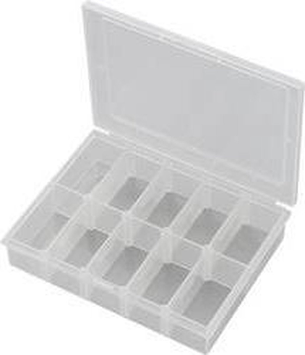 TRU COMPONENTS EKB-203 Sortimentskasse (L x B x H) 139 x 95 x 25 mm Antal fag: 10 Variabel underopdeling Indhold 1 stk