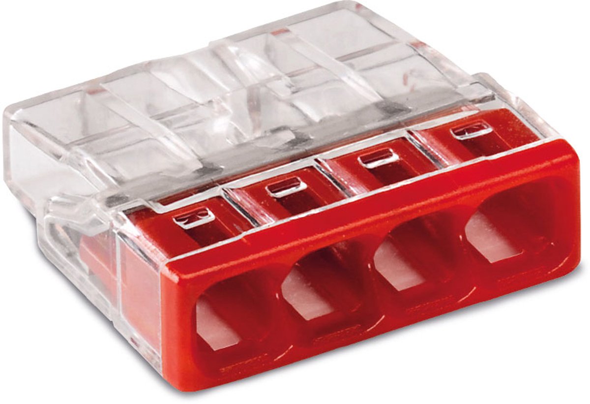 Dåseklemme stift: 0.5-2.5 mm² Poltal: 4 WAGO 2273 100 stk Transparent, Rød