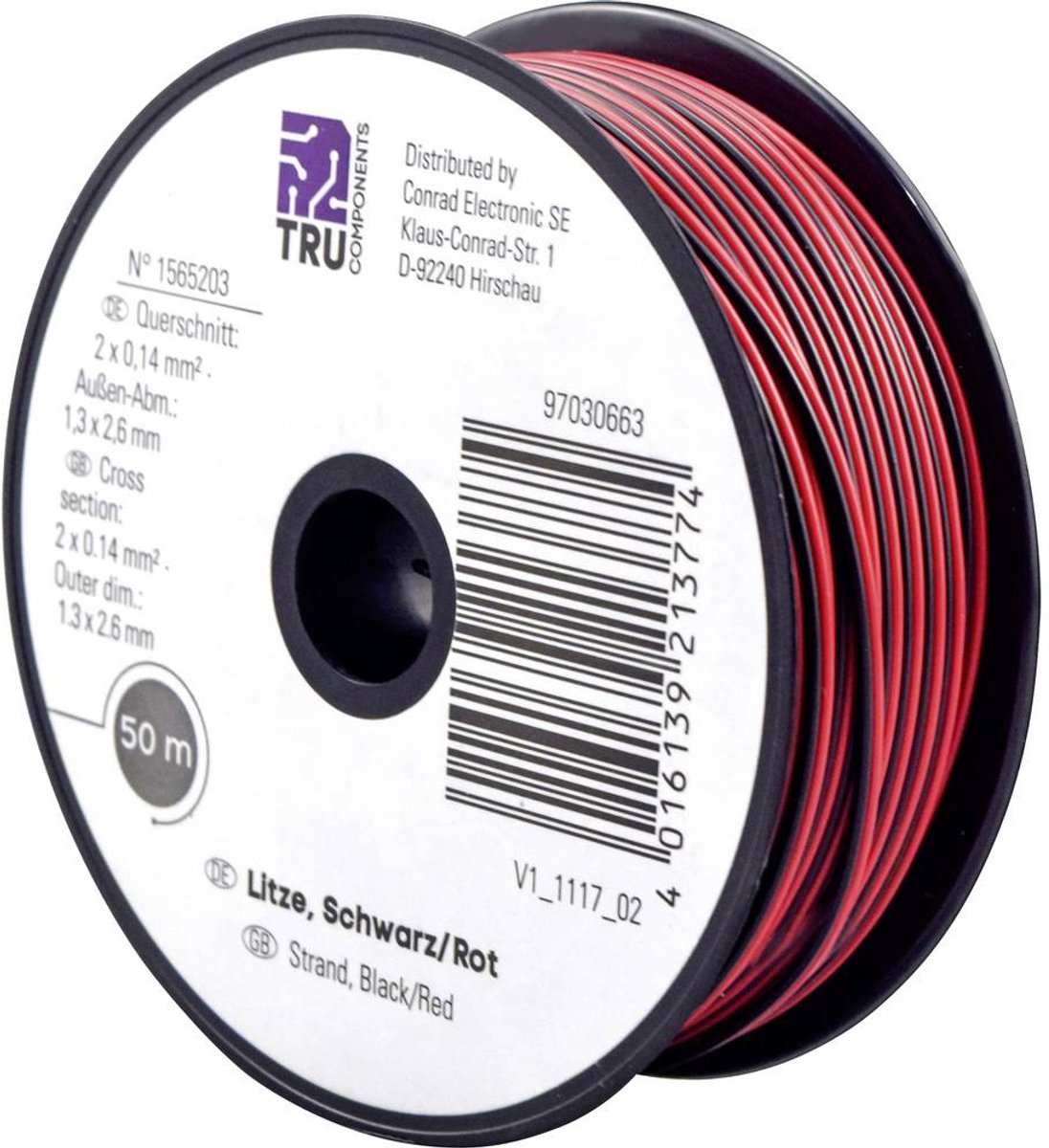 TRU COMPONENTS 1565203 Tråd 2 x 0.14 mm² Sort, Rød 50 m