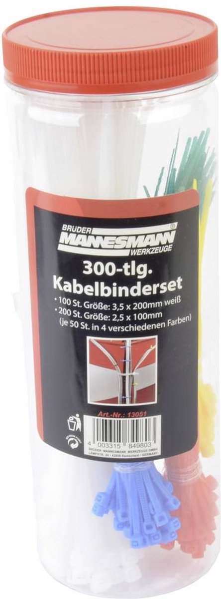 Brüder Mannesmann M13051 Kabelbinder 100 mm, 200 mm Hvid, Rød, Grøn, Gul, Blå 300 stk
