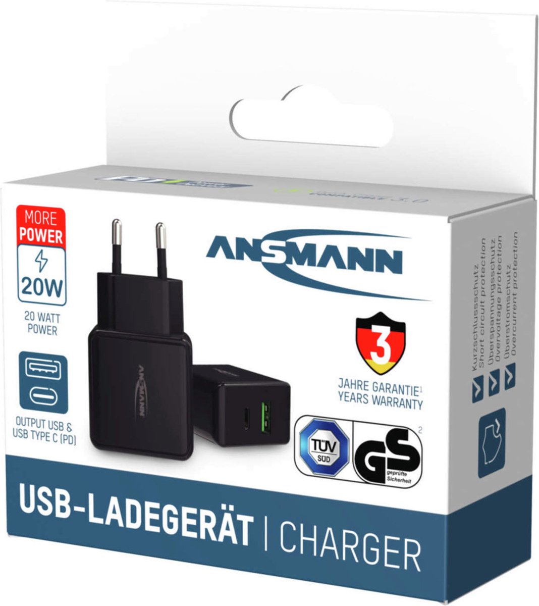 Ansmann HomeCharger HC218PD USB-oplader 18 W 1 x USB-A, 1 x USB-C® Power Delivery Sort Indendør