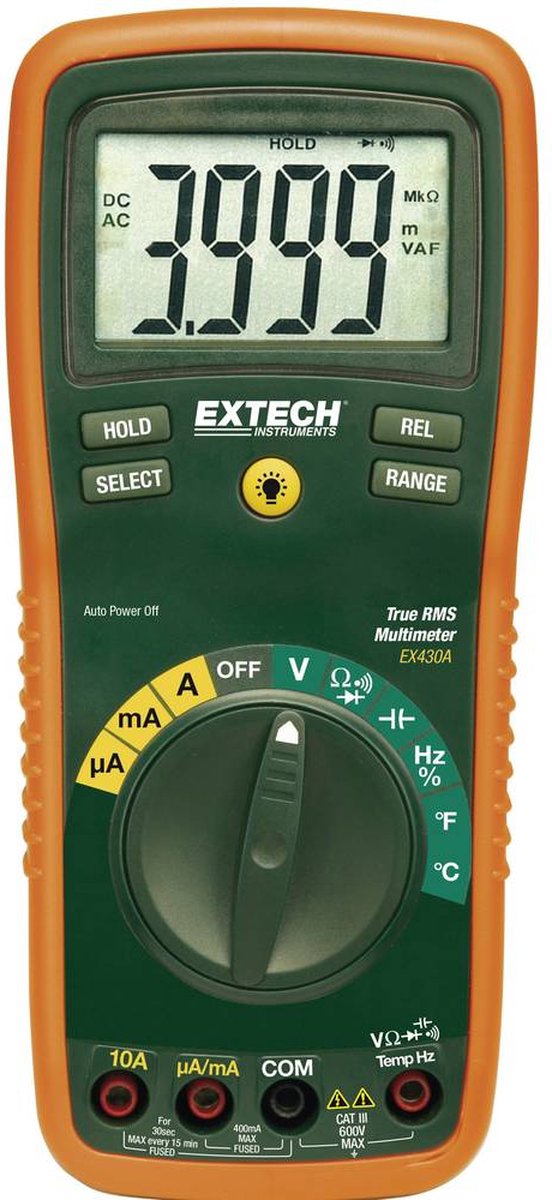 Extech EX430A Hånd-multimeter digital med skærmbaggrundsbelysning CAT III 600 V Visning (counts): 4000