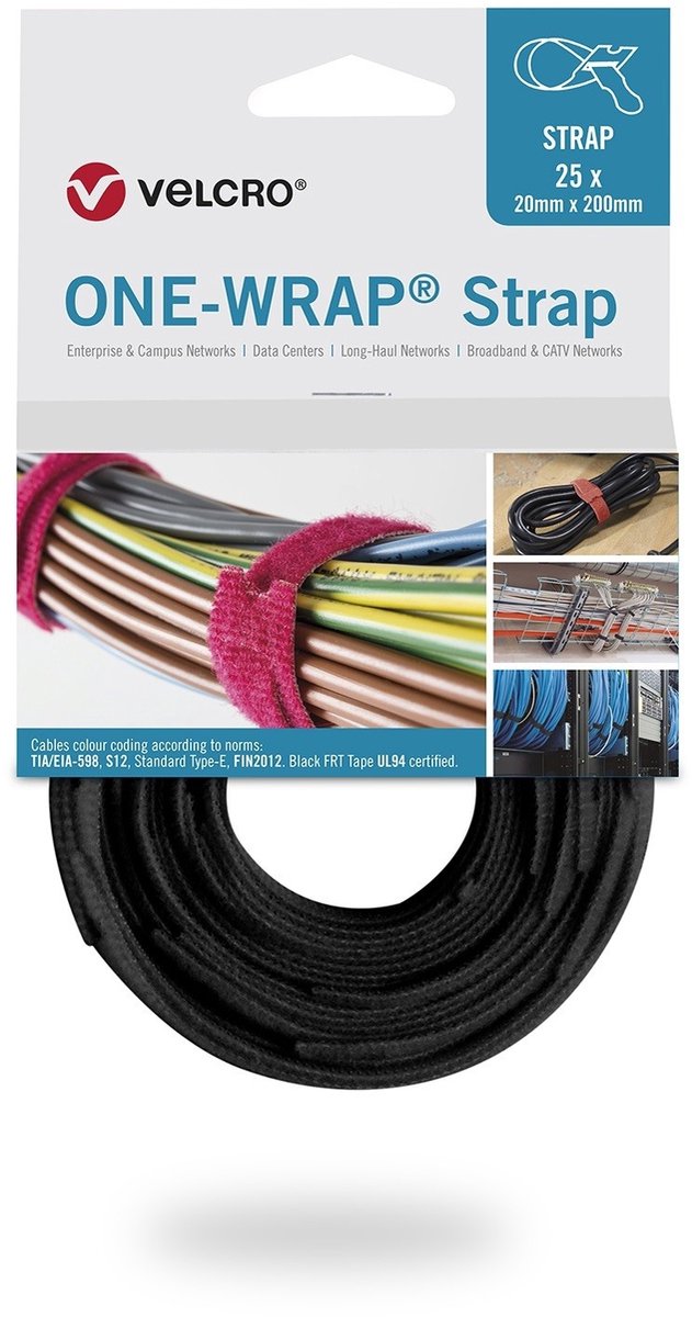 Velcro® One Wrap® Strap 20mm x 200mm, 25 styk, flammehæmmende, sort