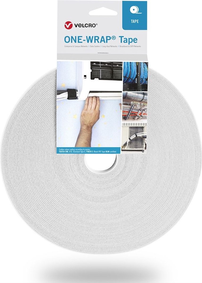 Velcro® One Wrap® bånd 20 mm bred, hvid, 25 m.