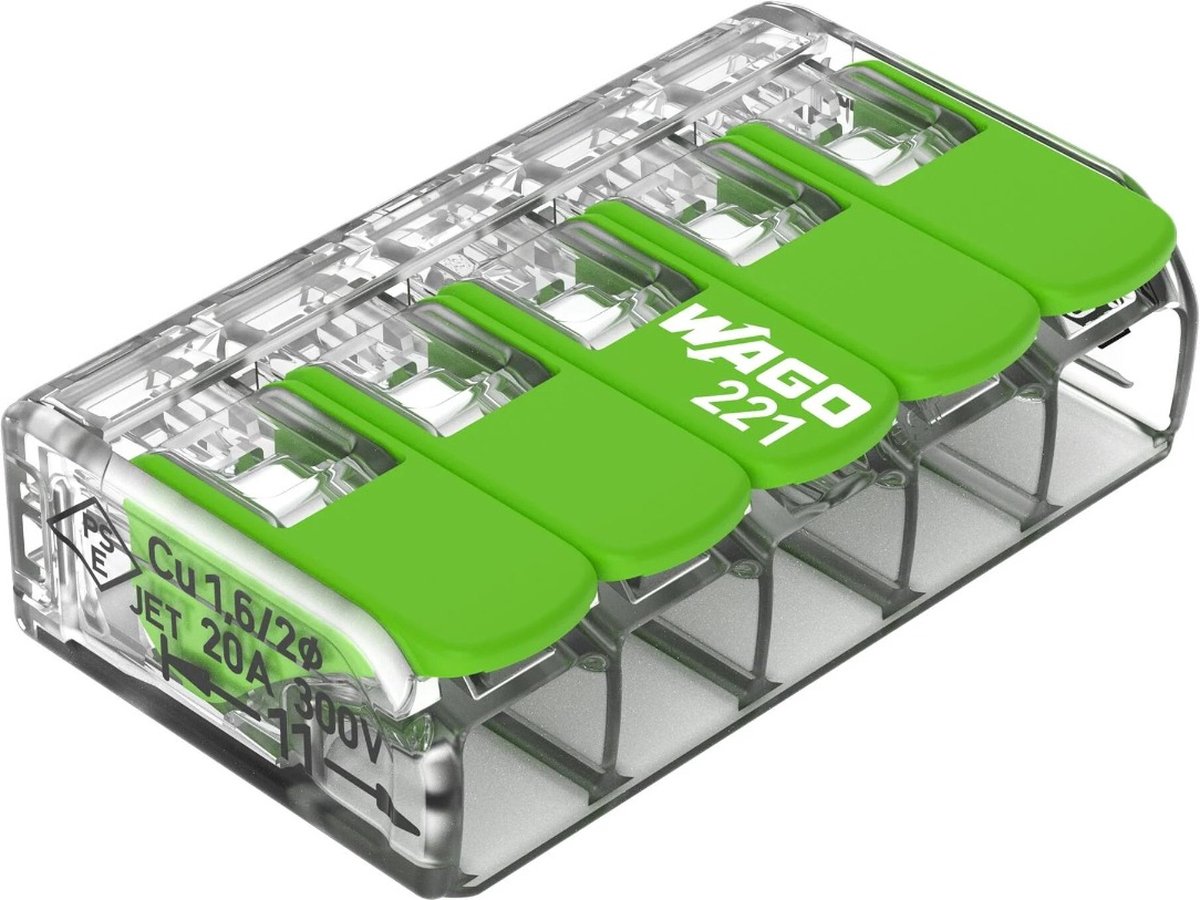 WAGO 221-425 221 Forbindelsesklemme fleksibel: 0.14-4 mm² stift: 0.2-4 mm² Poltal: 5 25 stk Transparent, Grøn