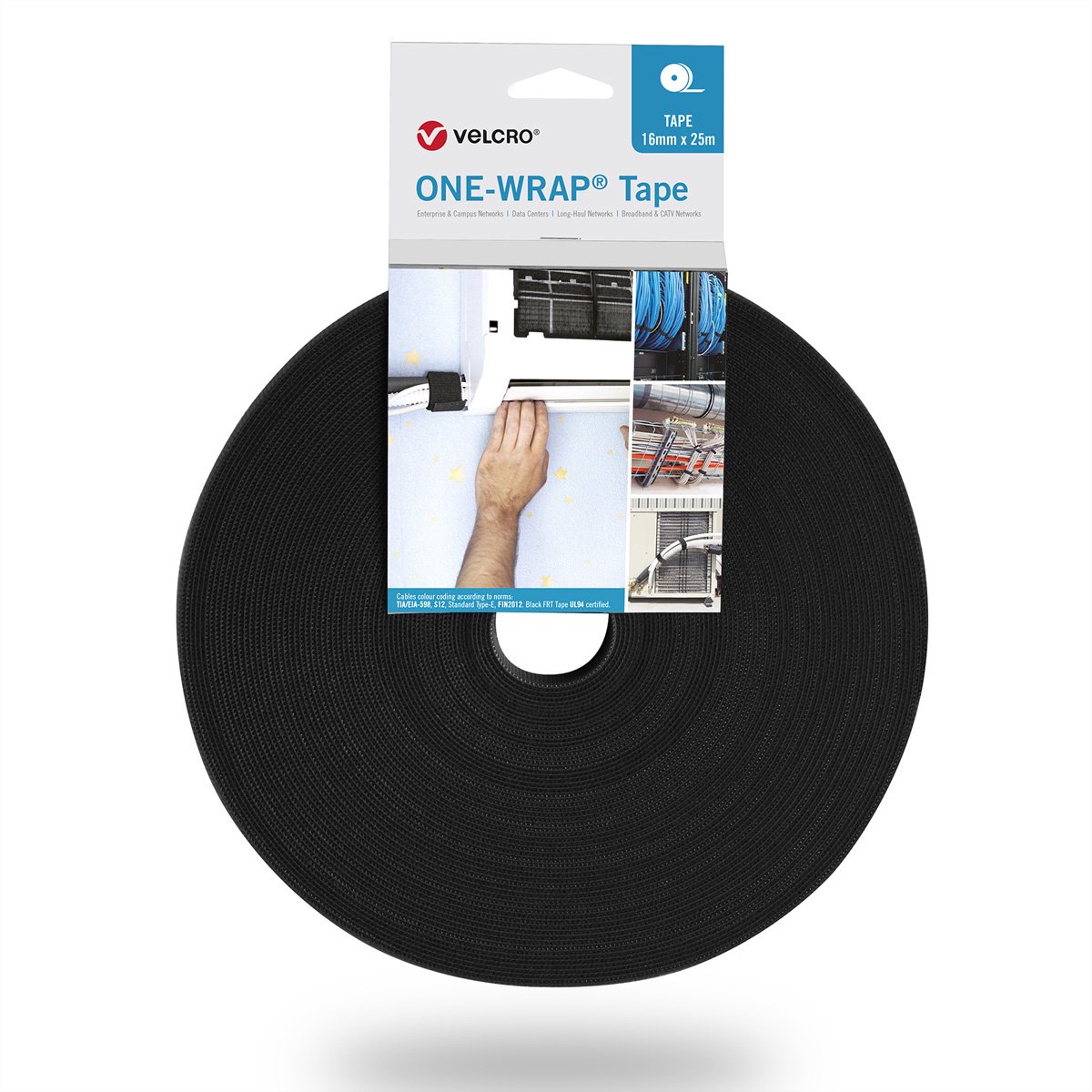 Velcro® One Wrap® bånd 16 mm bredt, flammehæmmende, sort, 25 m.