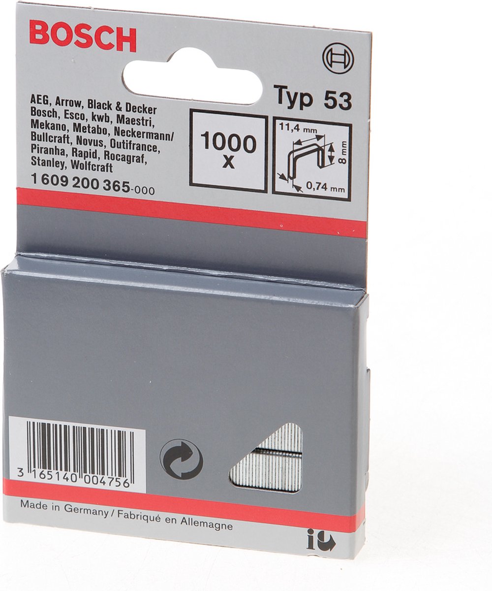 Bosch Accessories 1609200365 Fin tråd hæfteklammer Type 53 1000 stk Dimensioner (L x B) 8 mm x 11.40 mm