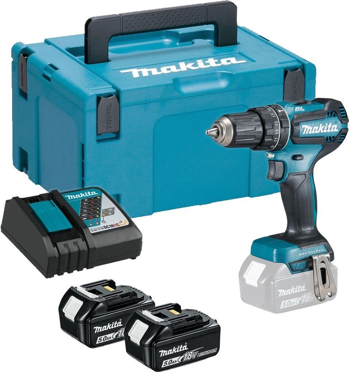 Makita DHP485RTJ 2 gear-Batteri slagboremaskine inkl. ekstra batteri, Inkl. oplader, Kuffert