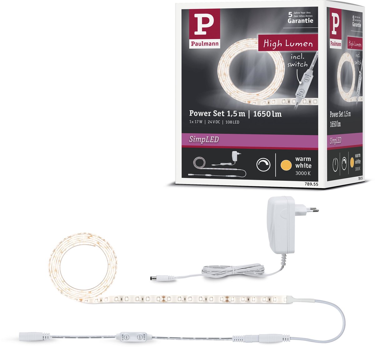 Paulmann SimpLED 78955 LED-båndsæt med stik 24 V 1.5 m Varmhvid Piece 1 stk