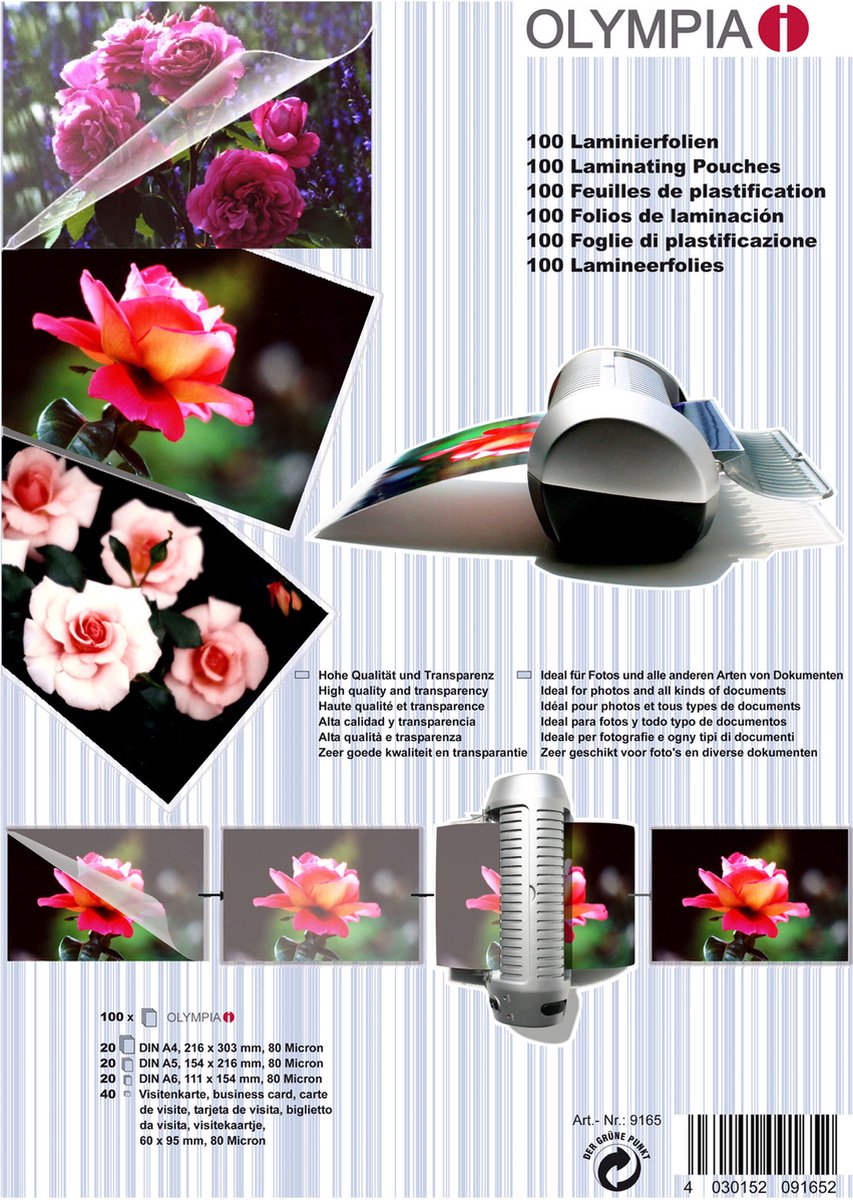 Olympia Lamineringsfolie DIN A4, DIN A5, DIN A6, 95 x 60 mm 80 micron 1 Set