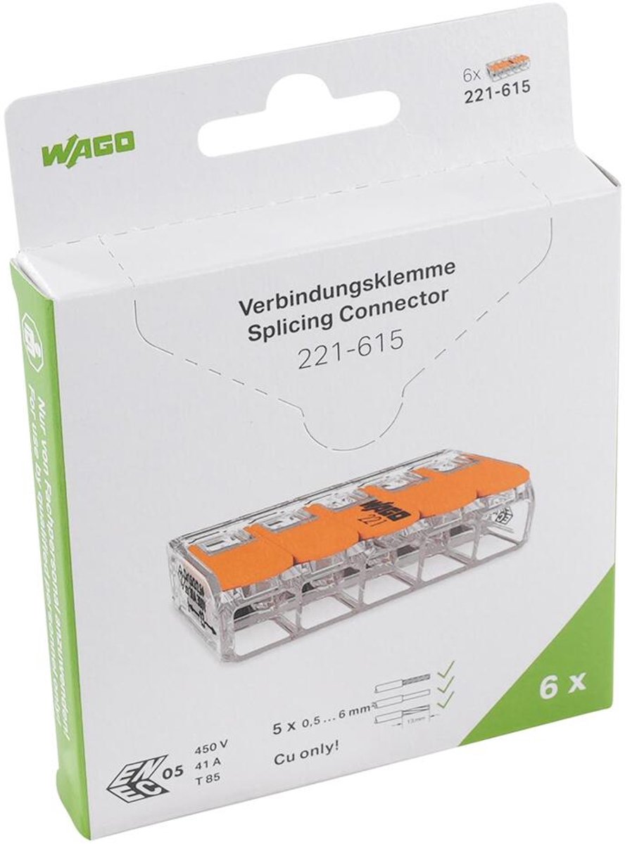 WAGO 221-615 221 Forbindelsesklemme fleksibel: 0.5-6 mm² stift: 0.5-6 mm² Poltal: 5 6 stk Transparent, Orange