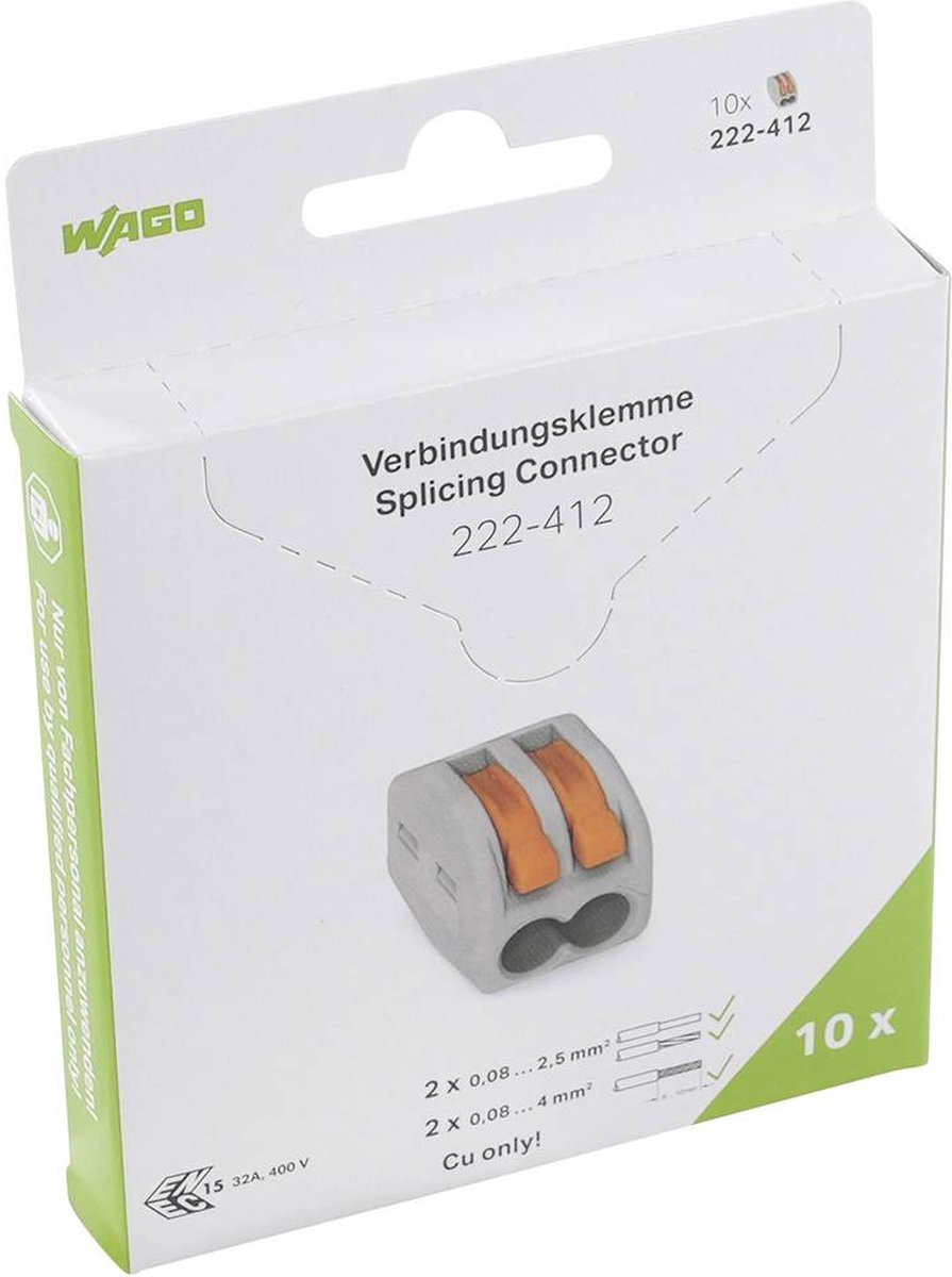 WAGO 222-412 222 Forbindelsesklemme fleksibel: 0.08-4 mm² stift: 0.08-2.5 mm² Poltal: 2 10 stk Grå, Orange