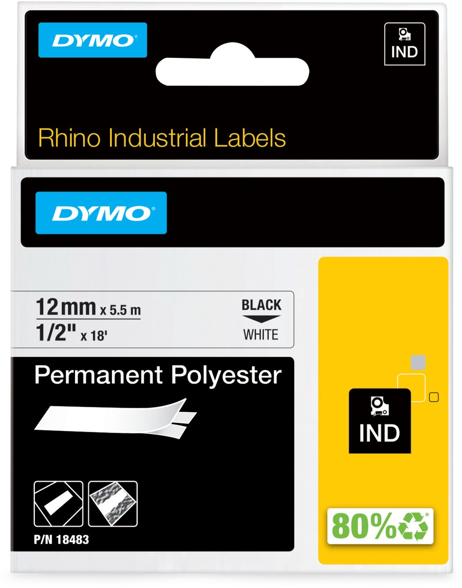 DYMO 18764 Skriftbånd Polyester Båndfarve: Hvid Skriftfarve: Sort 12 mm 5.5 m