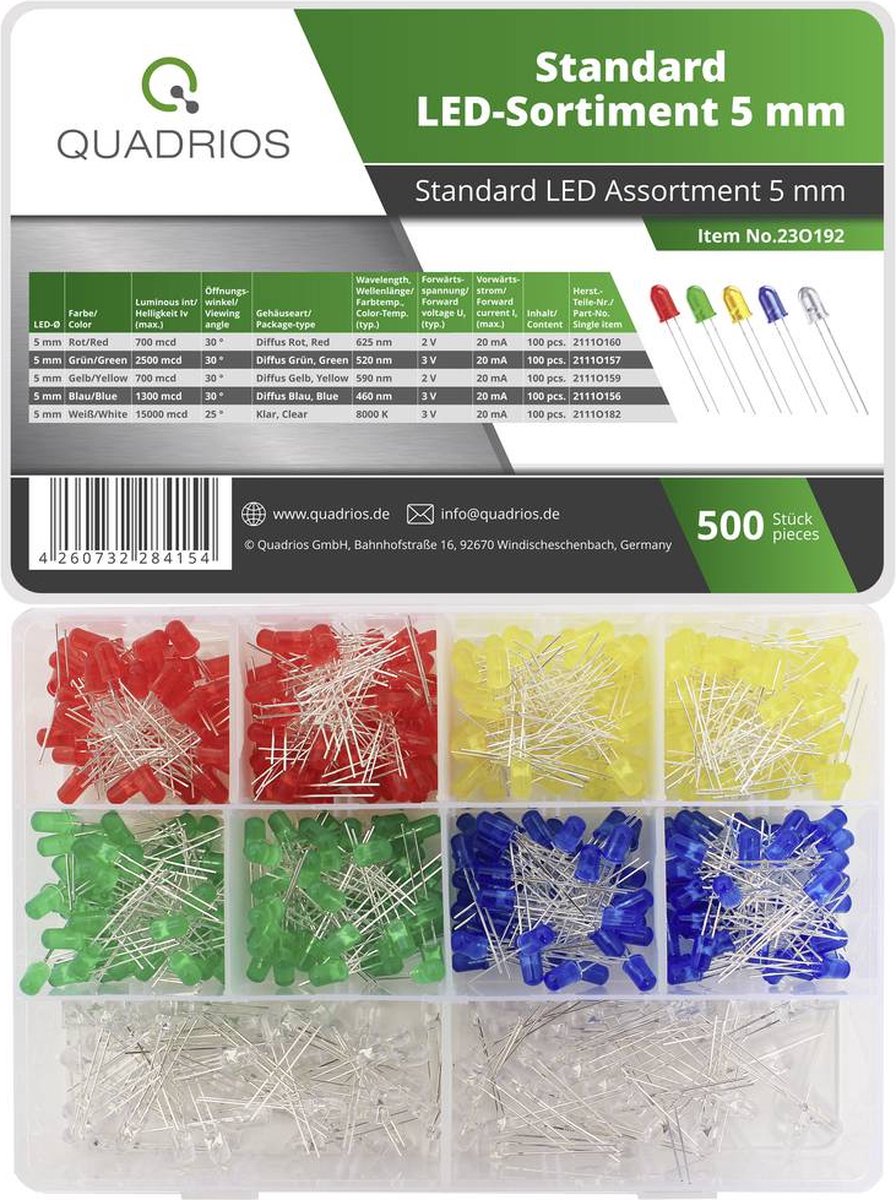 Quadrios 23O192 LED-sortiment Rød, Grøn, Gul, Blå , Hvid 5 mm 15000 mcd 20 mA 2 V, 3 V