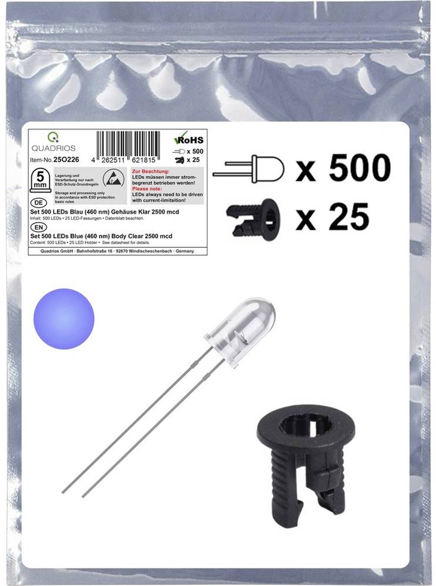 Quadrios 25O226 LED-sortiment Blå Rund 5 mm 2500 mcd 20 mA 3.0 V Piece