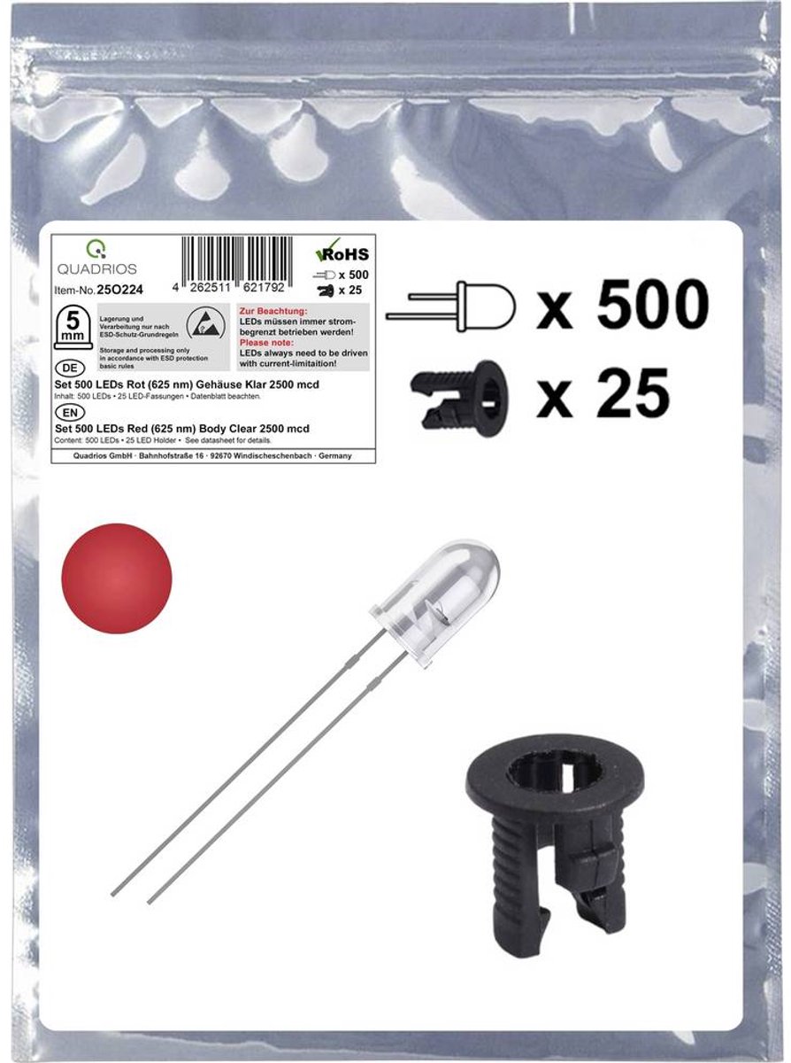 Quadrios 25O224 LED-sortiment Rød Rund 5 mm 2500 mcd 20 mA 2.0 V Piece