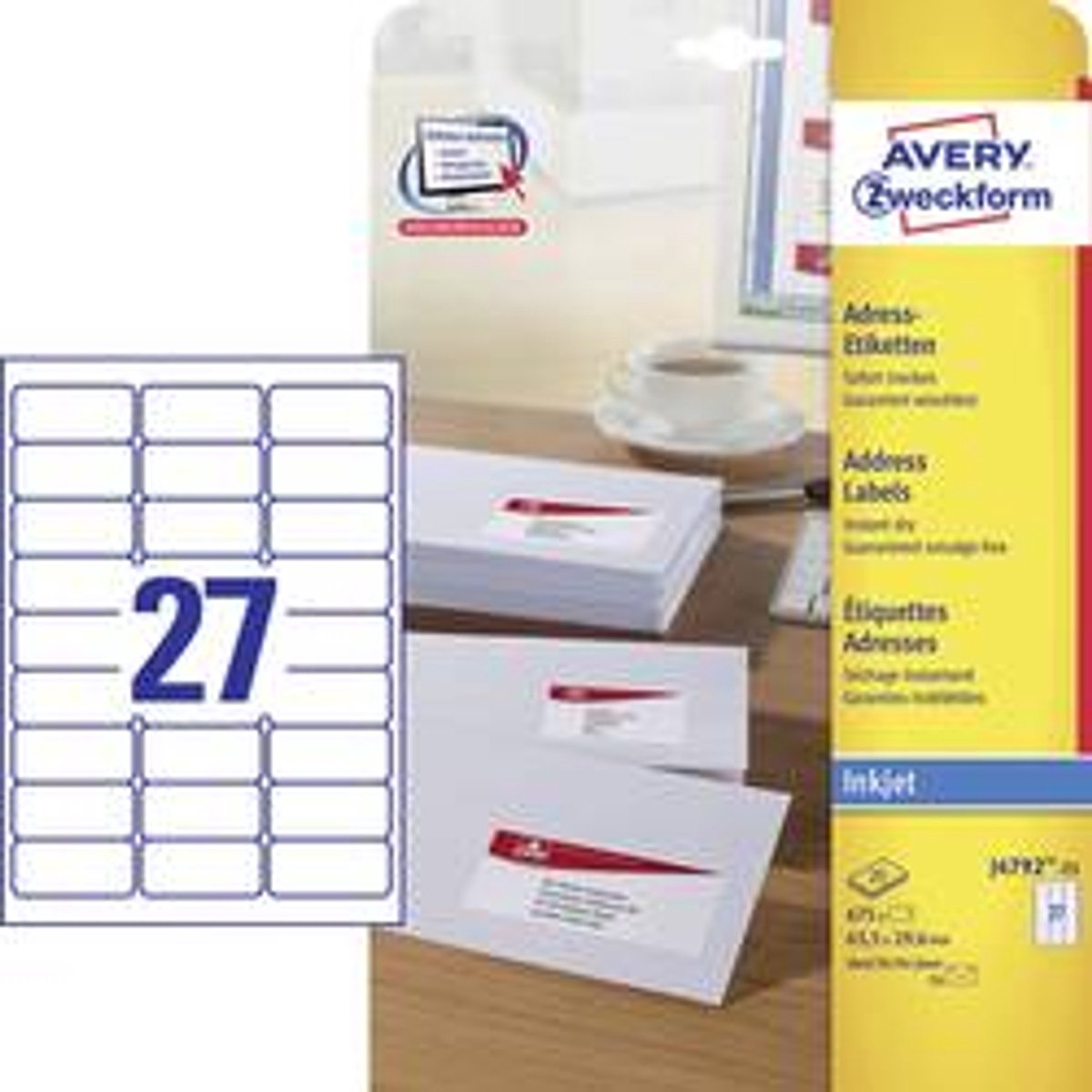 Avery-Zweckform J4792-25 Adresseetiketter 63.5 x 29.6 mm Papir Hvid 675 stk Permanent vedhæftningsevne Inkjetprinter, Håndskrift