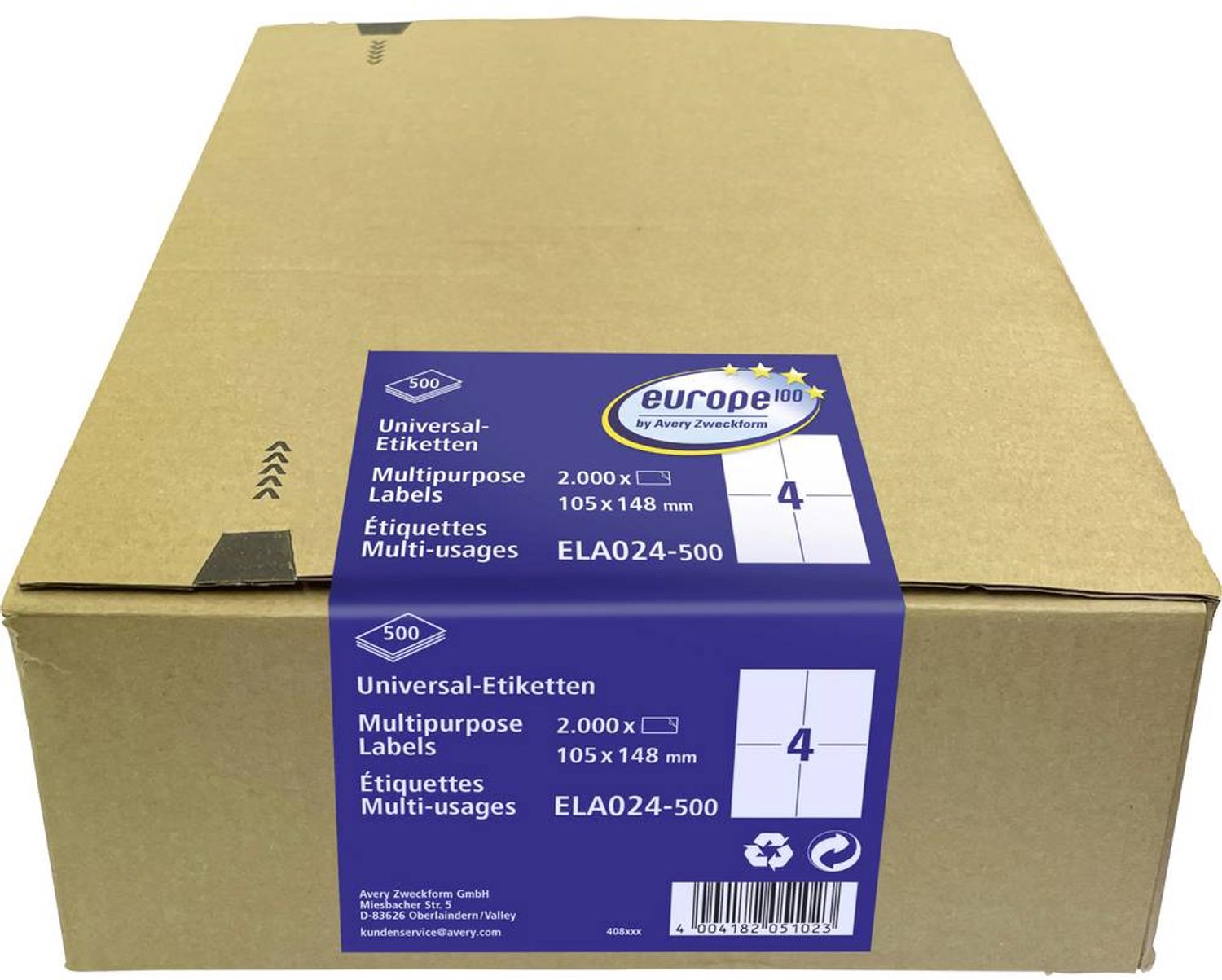 Avery-Zweckform ELA024-500 Universelle etiketter 105 x 148 mm Hvid 2000 stk Laserprinter, Farvelaserprinter, Inkjetprinter
