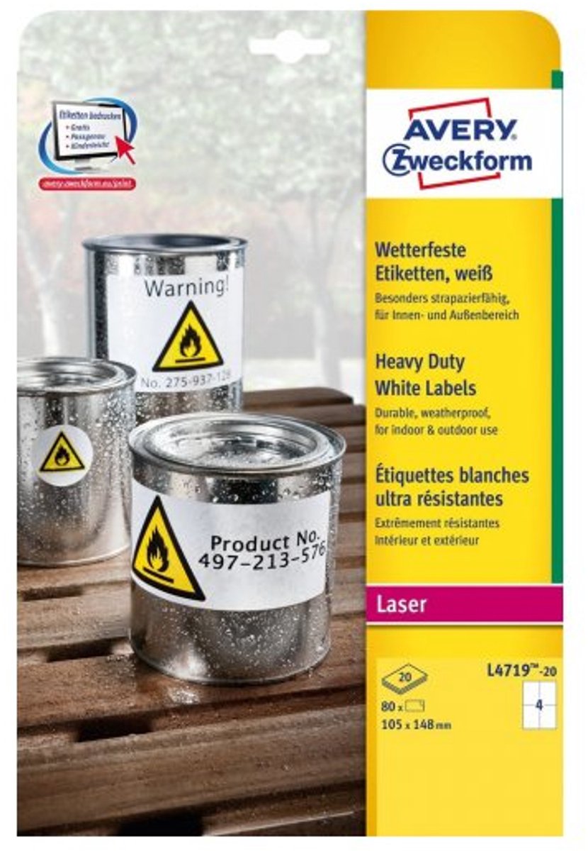Avery-Zweckform L4719-20 Folielabels 105 x 148 mm Polyesterfolie Hvid 80 stk Permanent vedhæftningsevne Farvelaserprinter, Laserprinter, Farvekopimaskine,