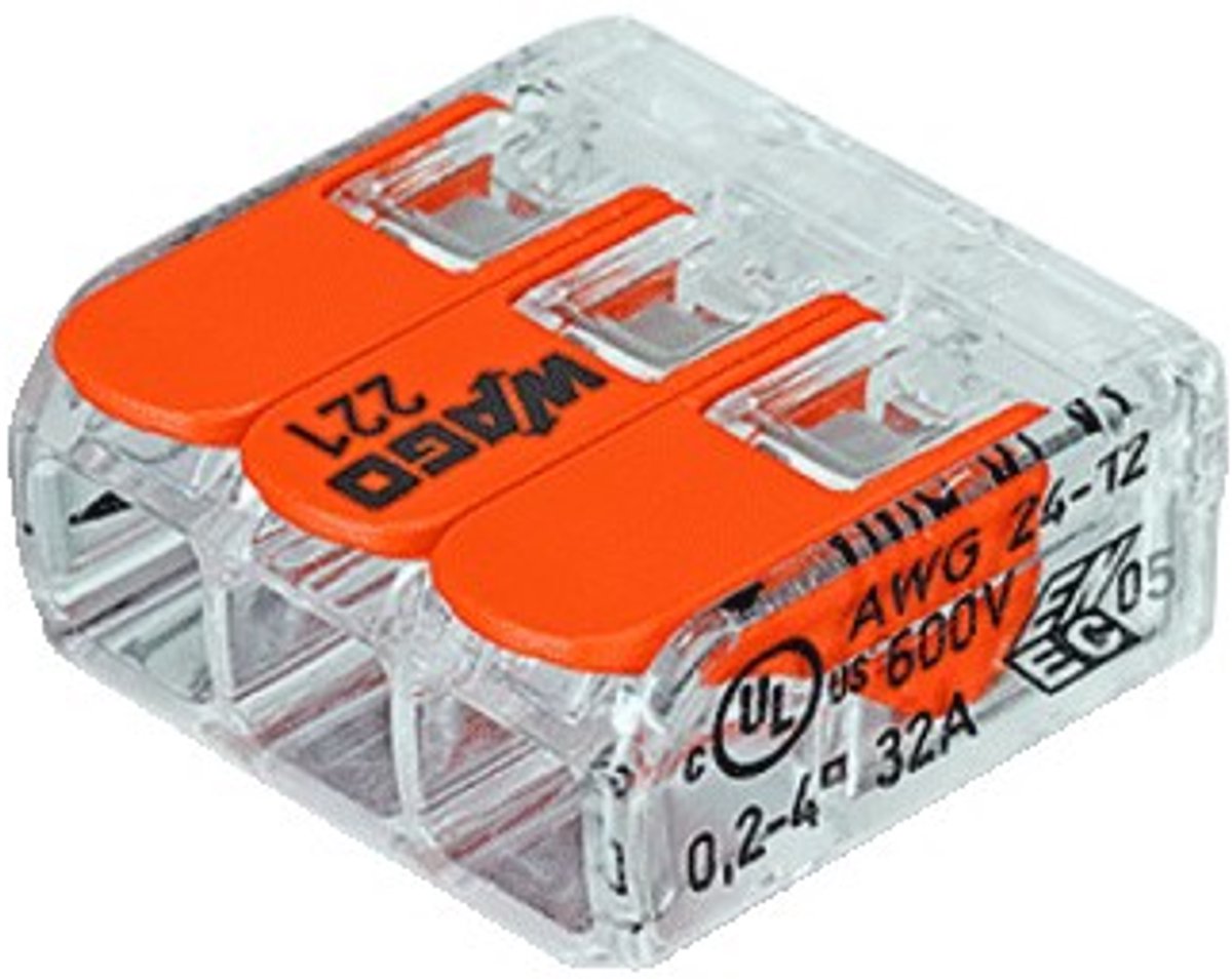 WAGO 221-413-50 221 Forbindelsesklemme fleksibel: 0.14-4 mm² stift: 0.2-4 mm² Poltal: 3 50 stk Transparent, Orange Box