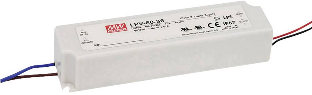 MEAN WELL LPV-60-48 LED-transformator Konstant spænding 60 W 0 - 1.25 A 48 V/DC Kan ikke lysdæmpes!, Overbelastningsbeskyttelse 1 stk