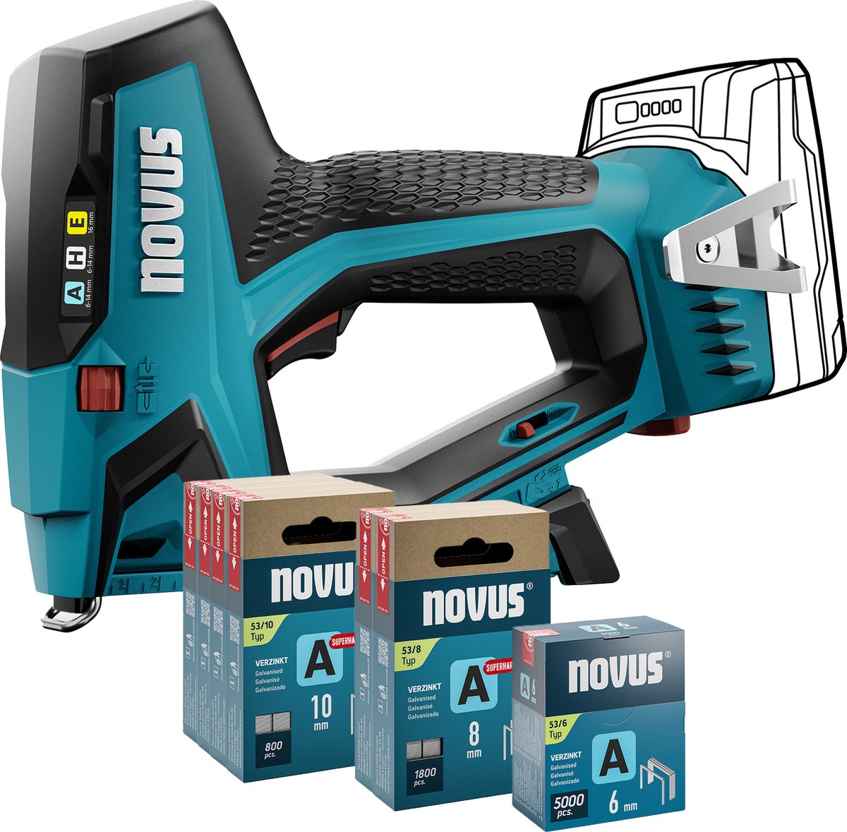 Novus Tools J-550 031-0373 Graffettatrice a batteria Tipo graffette tipo 37, tipo 53 Lunghezza graffette 6 - 14 mm senza batteria, senza caricatore