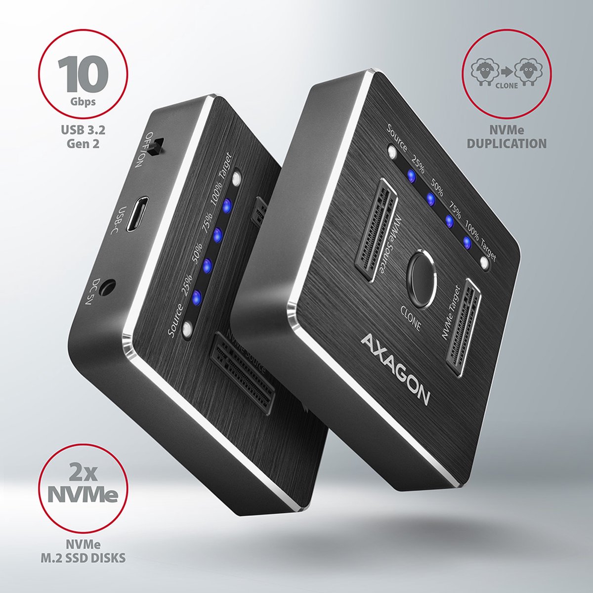 AXAGON ADSA-M2C NVMe M.2 NVMe PCIe 3.1 x4 Docking Station per hard disk Con la funzione copia