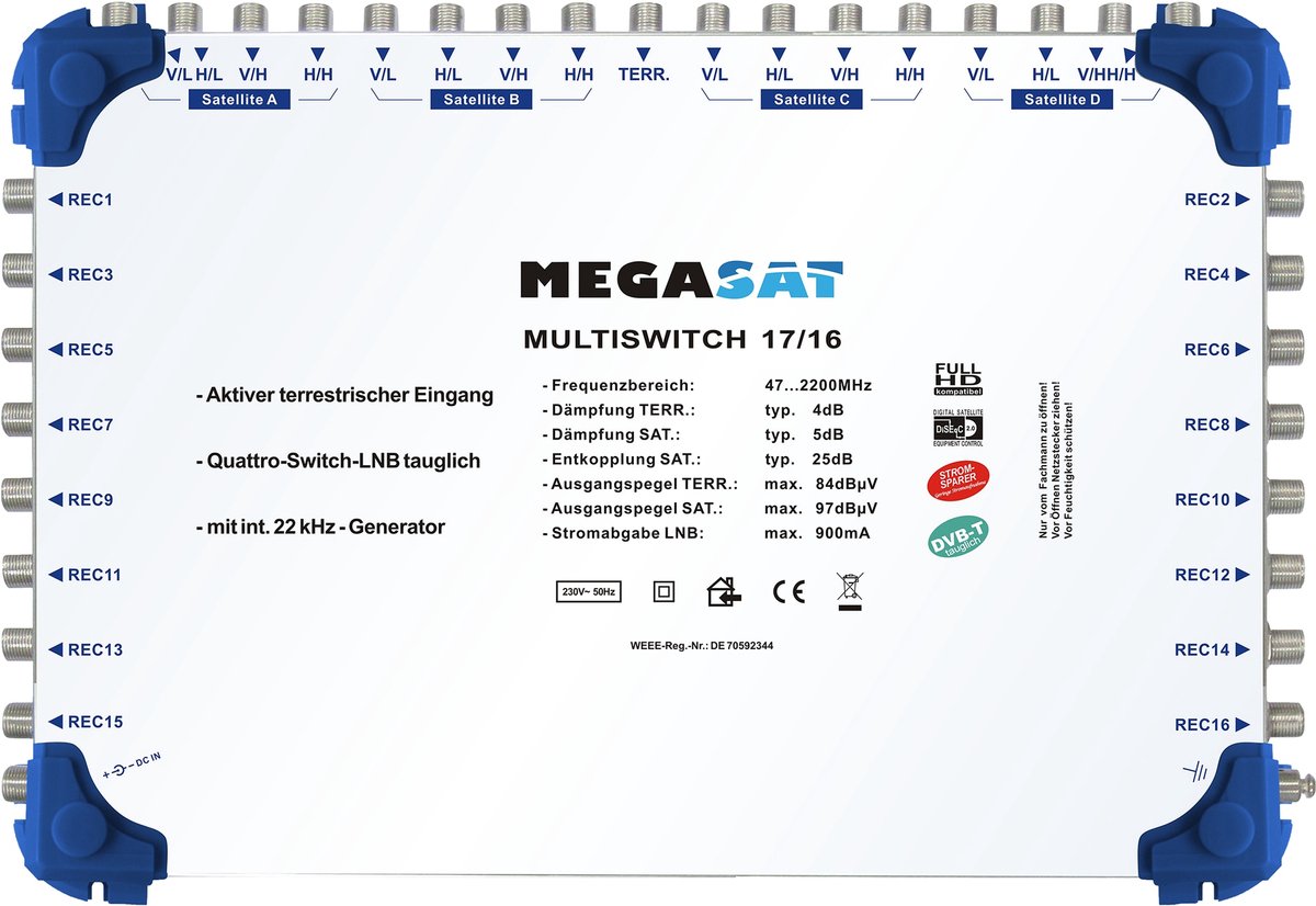 MegaSat 0600155 SAT multiswitch Ingressi (Multiswitch): 17 (16 satellitare / 1 terrestre) Numero utenti: 16