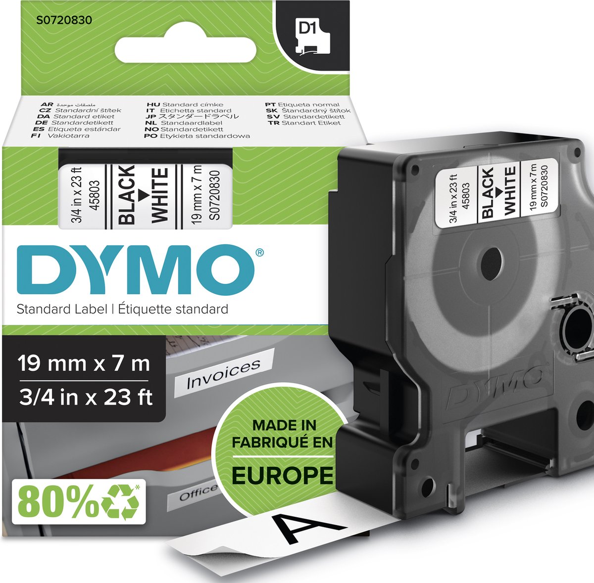 DYMO D1 tape | 19mm x 7m rulle | sort på hvid