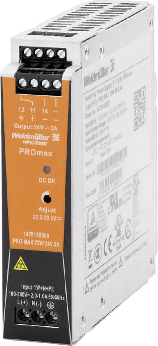 Weidmüller 1478100000 Alimentatore per guida DIN 24 V/DC 3 A 72 W Contenuto 1 pz.