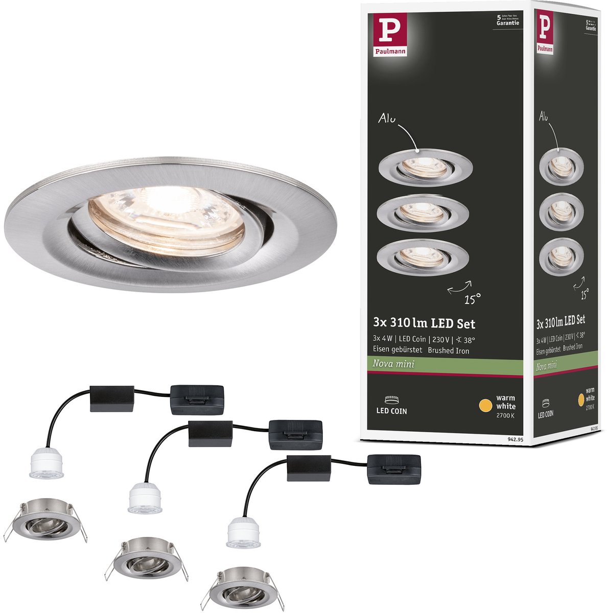 Paulmann 94295 EBL Nova mini Coin Lampada LED da incasso Kit da 3 Modulo LED LED 4 W Ferro