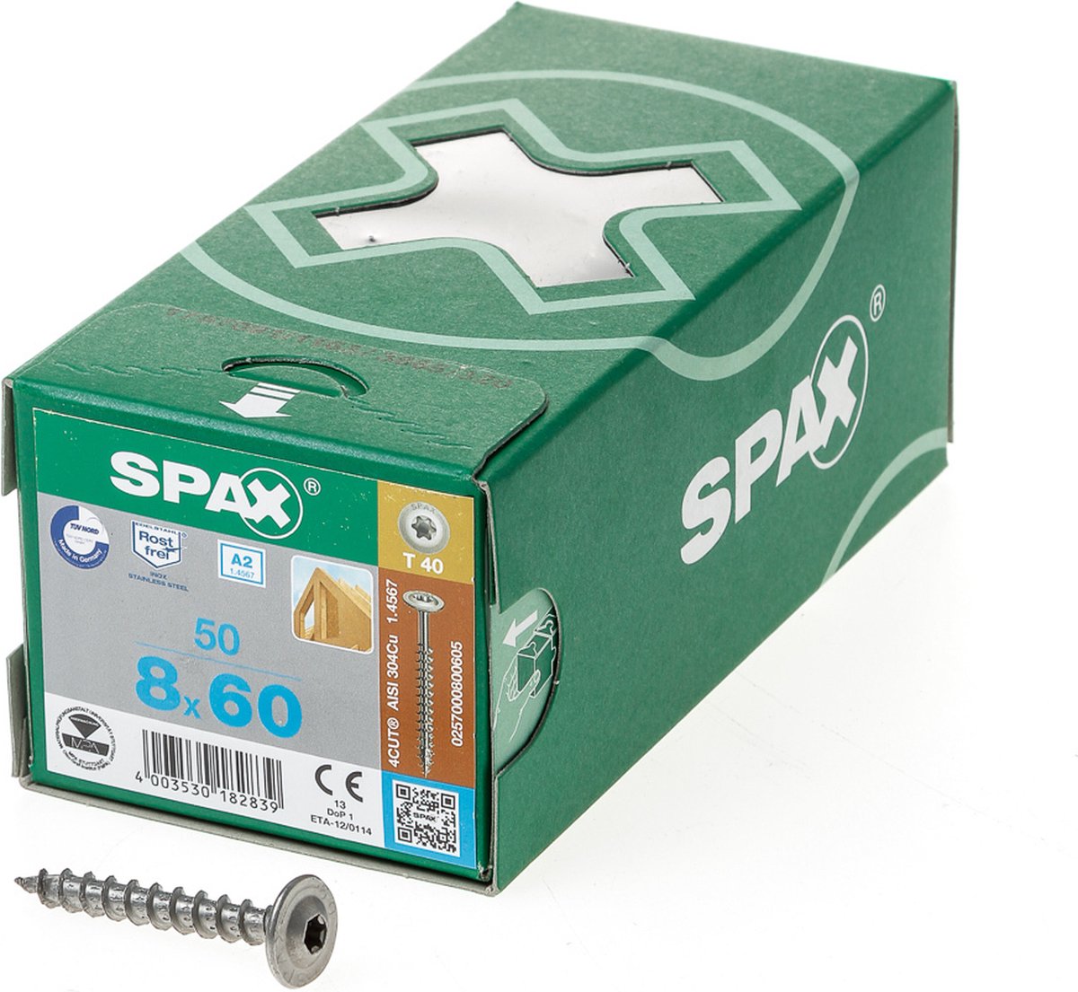 SPAX 0257000800605 Vite da legno 8 mm 60 mm T-STAR plus Acciaio inox A2 50 pz.