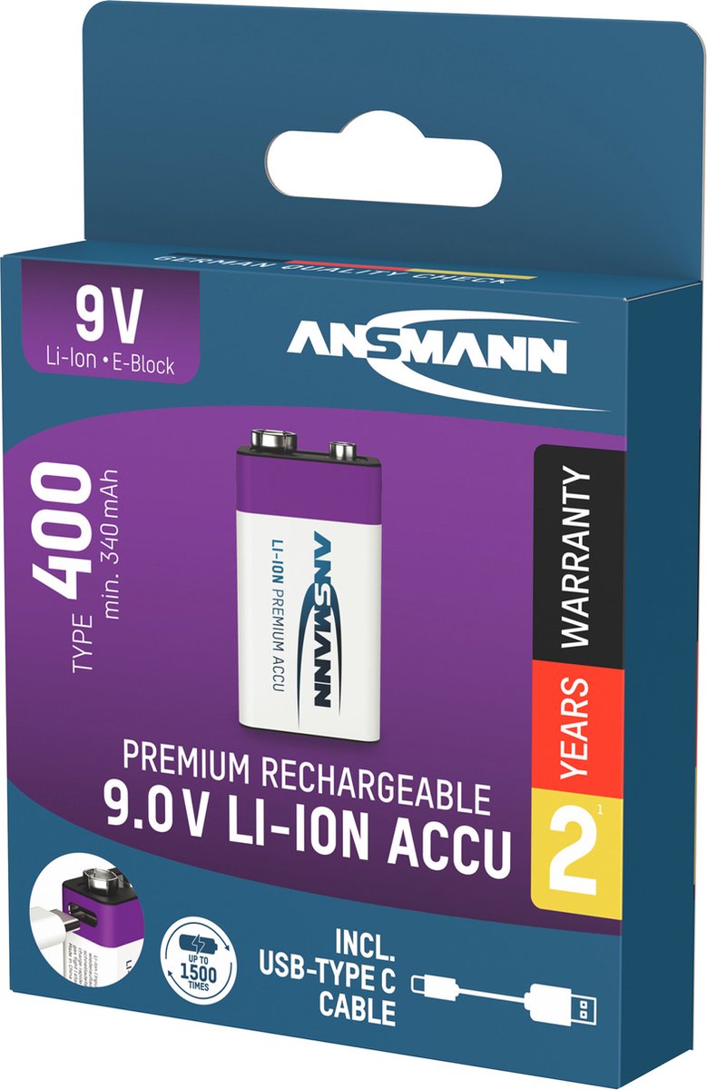 Ansmann E-Block USB-C Batteria ricaricabile USB-C ® Li-Ion 400 mAh 9 V 1 pz.