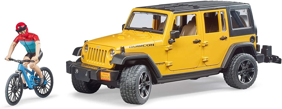 Bruder Jeep Wrangler Rubicon with mountainbike and cyclist