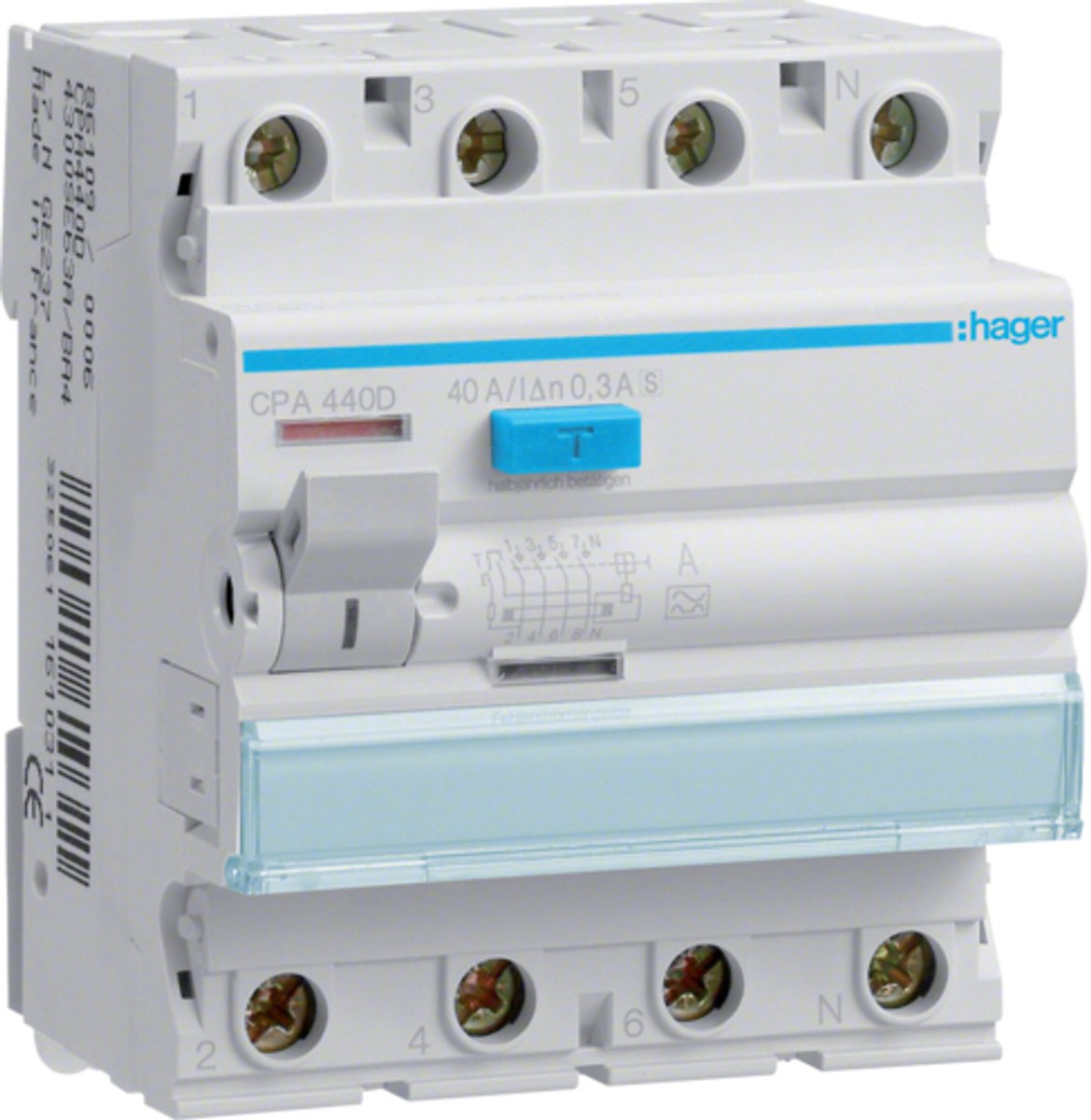 Hager CPA440D Hager CPA440D, Fehlerstromschutzschalter, Typ A Interruttore differenziale A 4 poli 40 A 0.3 A 400 V