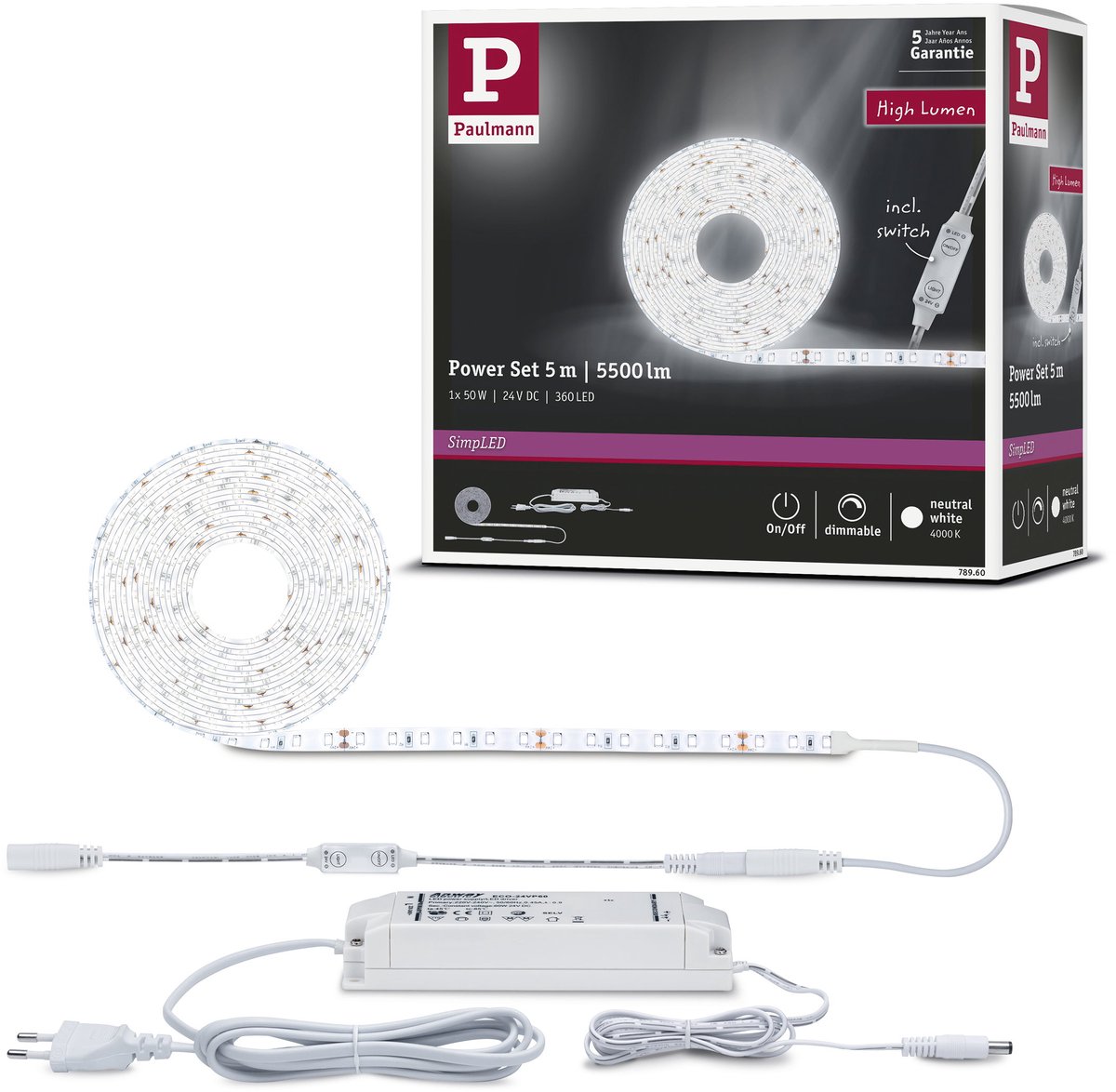 Paulmann SimpLED 78960 Kit completo striscia LED con spina 24 V 5 m Bianco neutro Pezzo 1 pz.