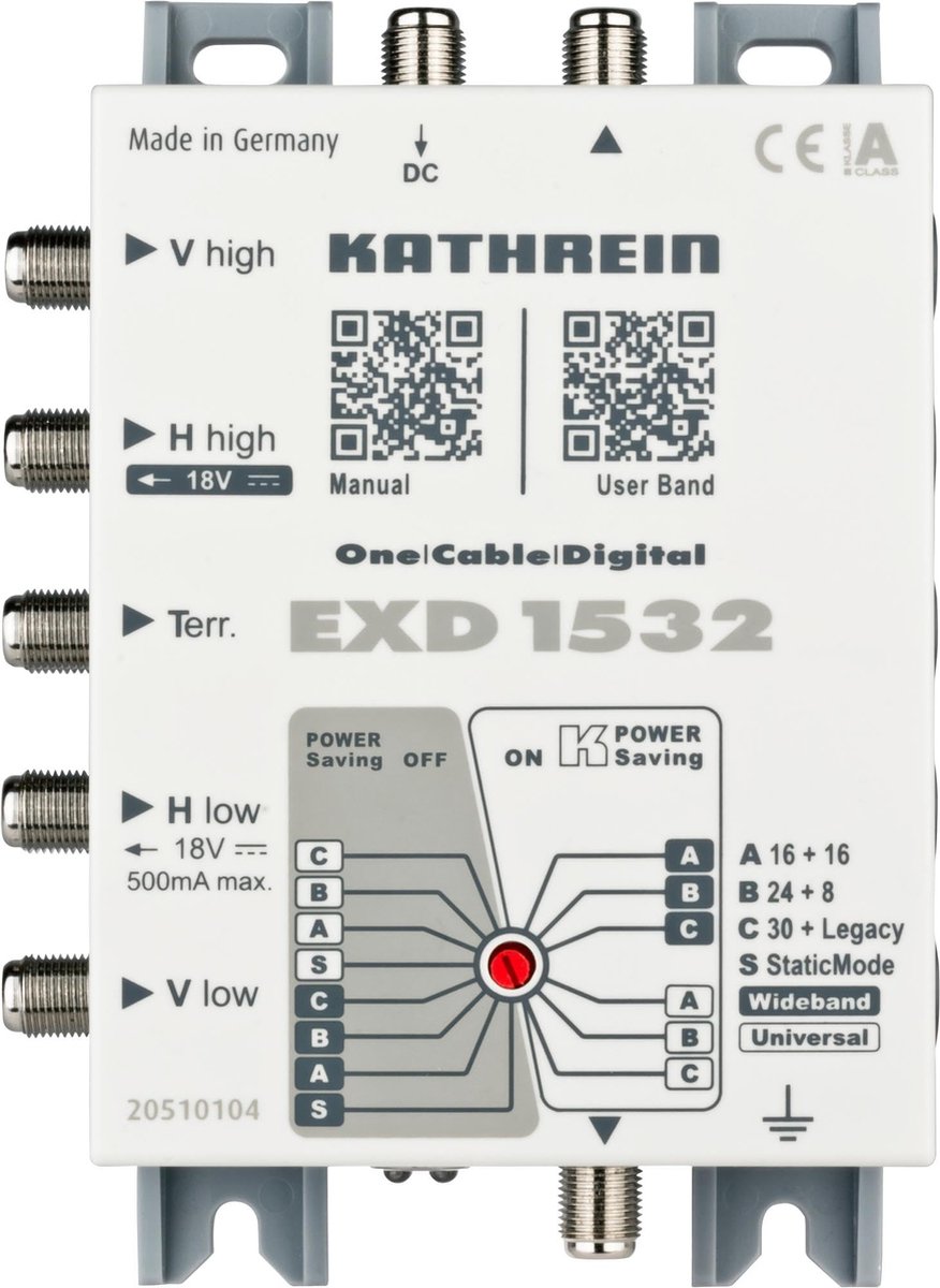 Kathrein EXD 1532 SAT multiswitch Ingressi (Multiswitch): 5 (4 satellitare / 1 terrestre) Numero utenti: 32 Funzione StandBy