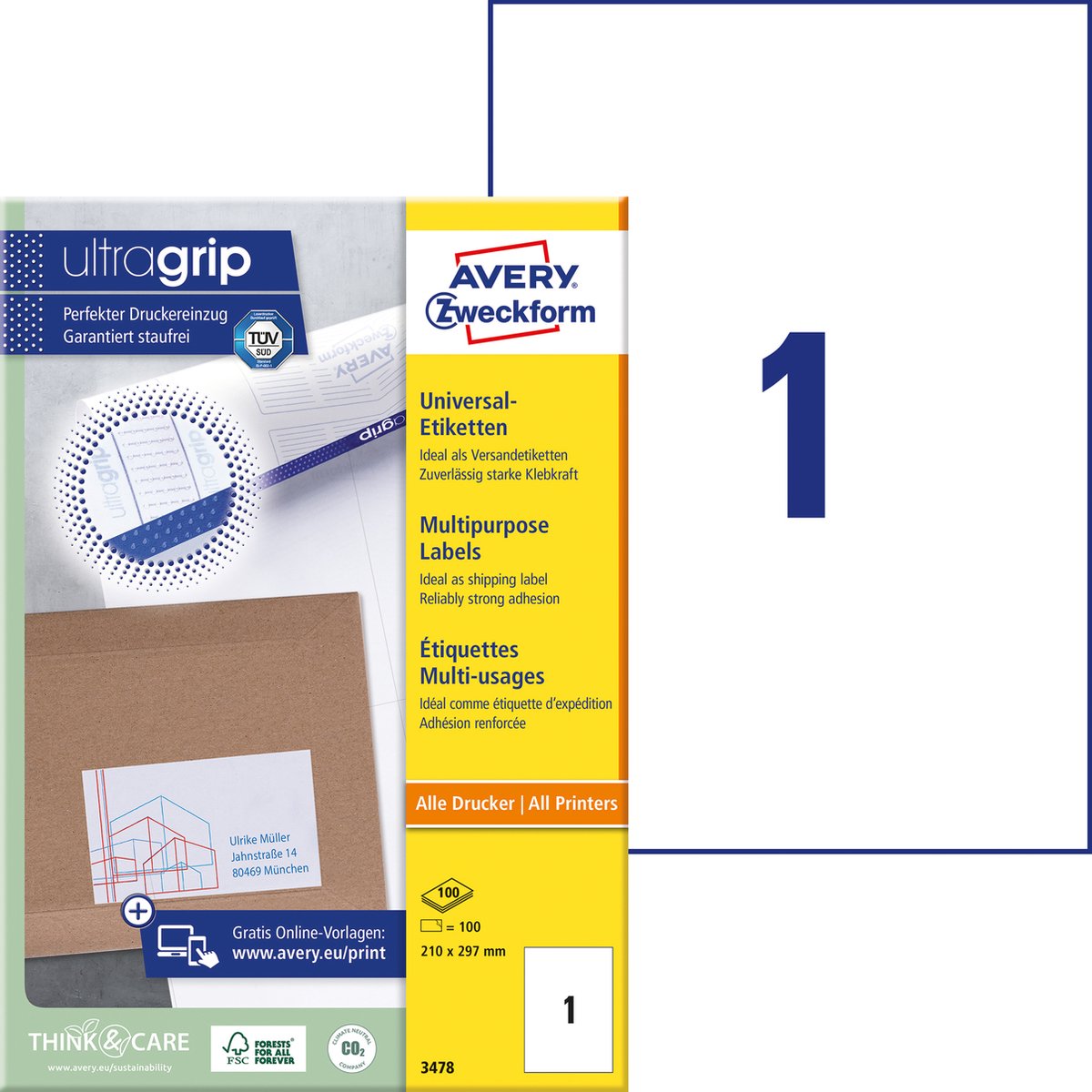 Avery Universaletiketter til generelle formål, 210 x 297 mm, 100 Etiketter, Hvid