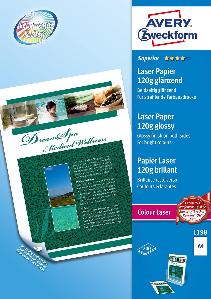 Avery Superior-farvelaserpapir, A4, dobbeltsidet belægning, 120 g/m²