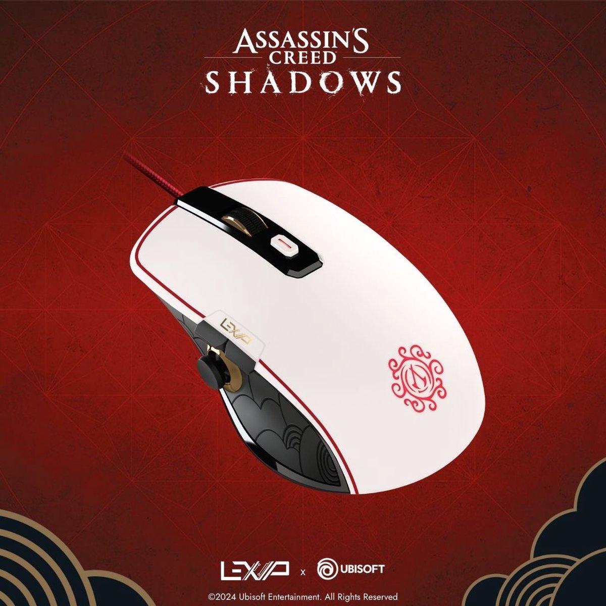 Lexip X Ubisoft - Assassin's Creed Shadows - mouse - with thumb joystick and ceramic skates - white red black gold - Mus - Optisk - 4 knapper - Sort