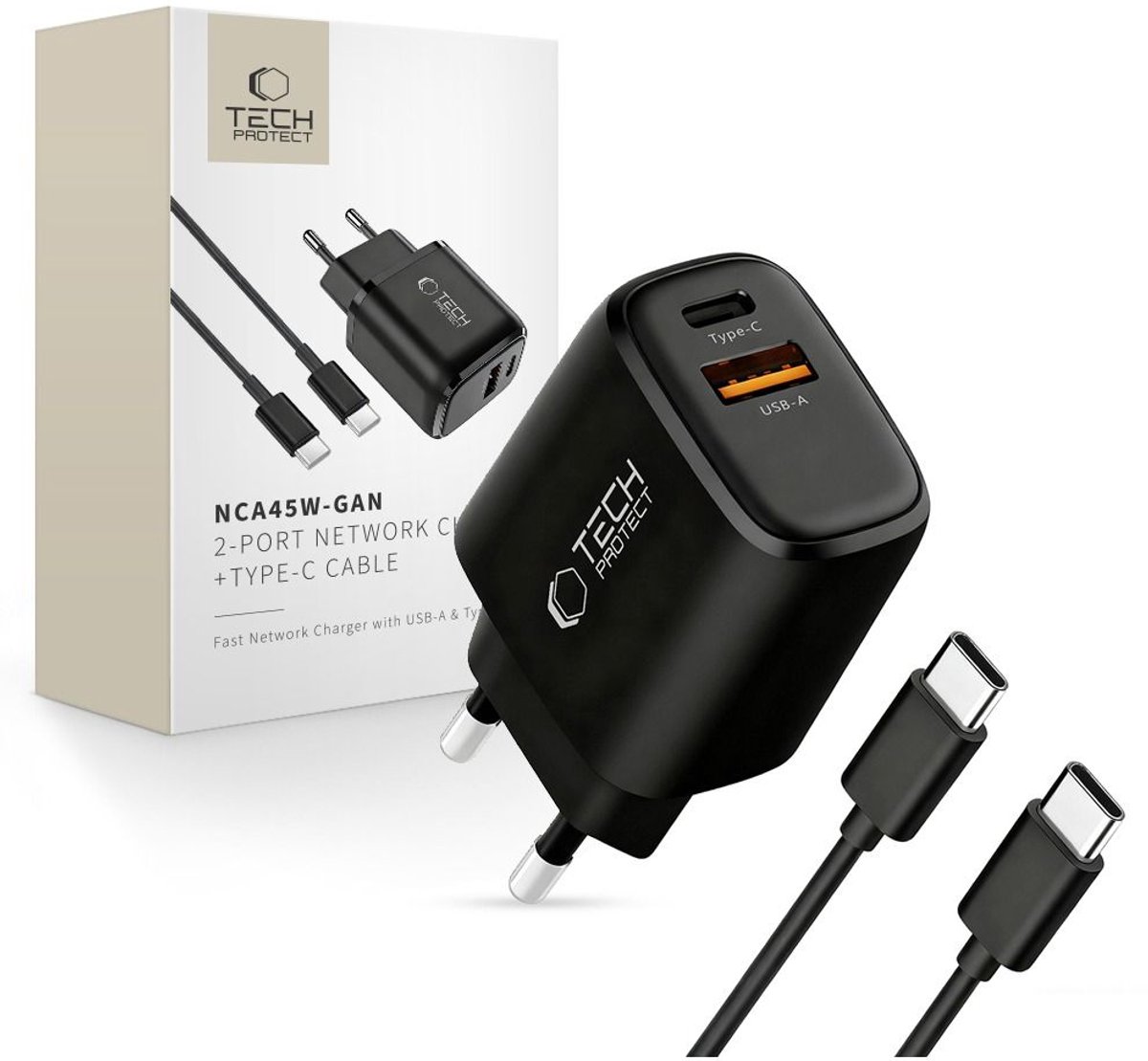 Tech-Protect NCA45W-GAN 2-Ports 45W AC Charger with USB-C Cable - Black