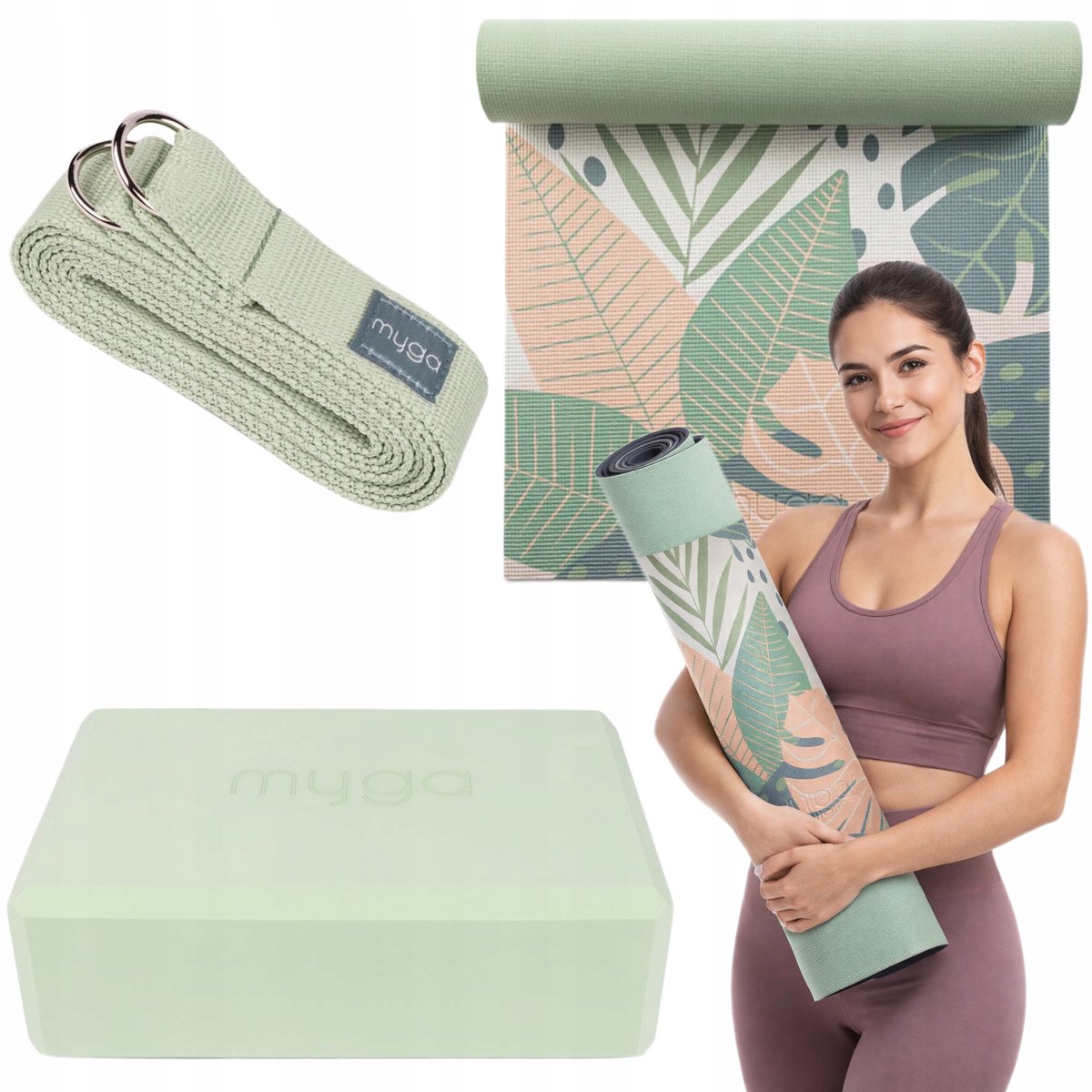 Tappetino da yoga con mattoncino e cinghia Myga