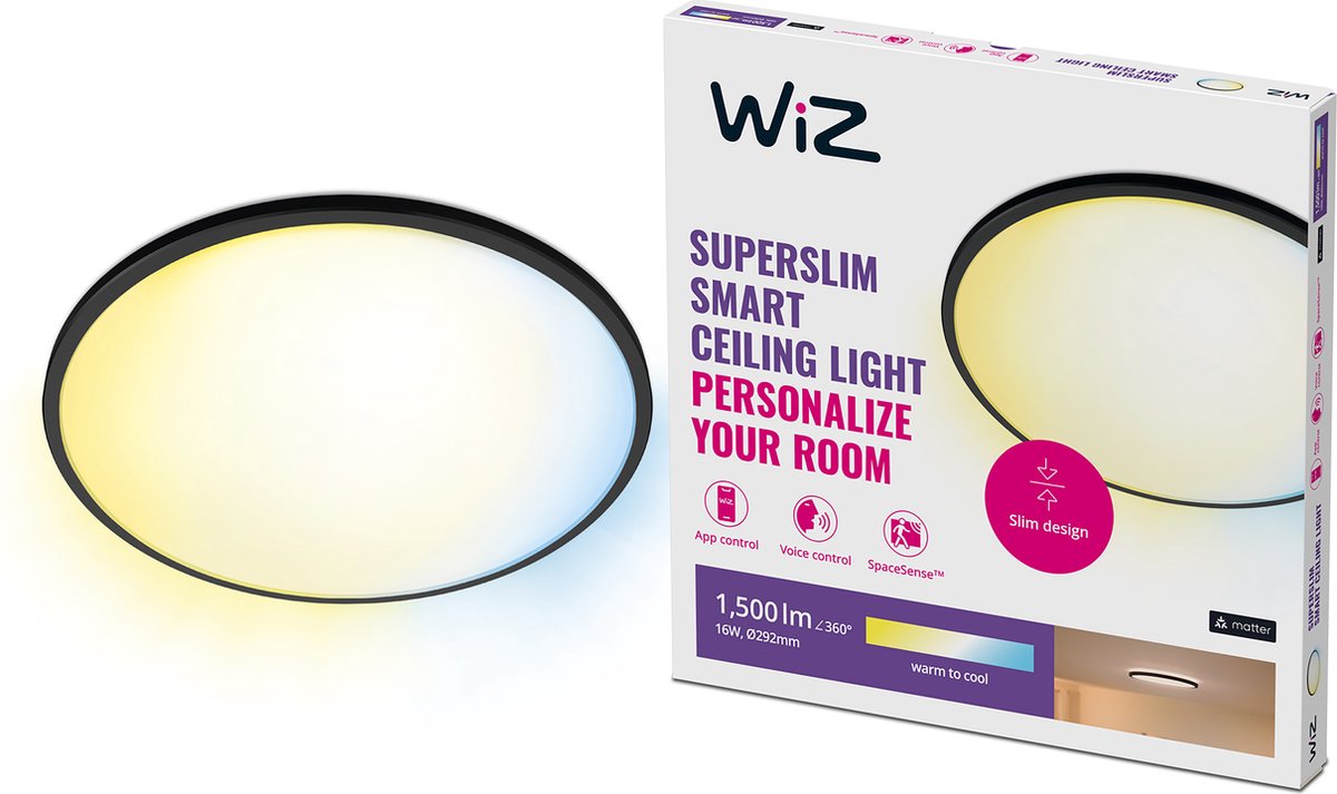 WiZ SuperSlim Smart Loftslampe Sort, 16W, Justerbar hvidt & Dæmpet lys