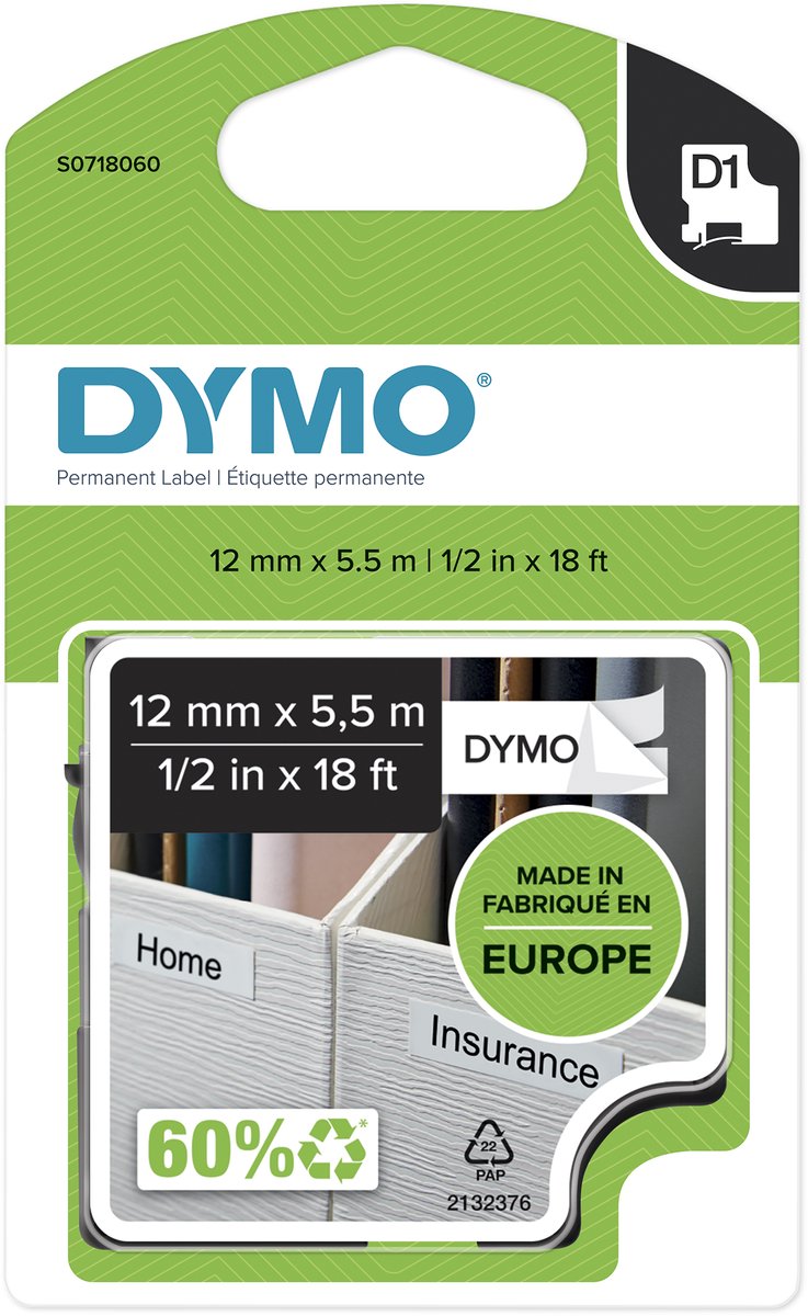 DYMO D1 tape permanent polyester | sort/hvid | 12mm x 5,5m
