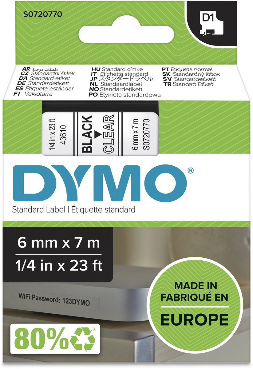 DYMO D1 tape | 6mm x 7m rulle | sort på klar